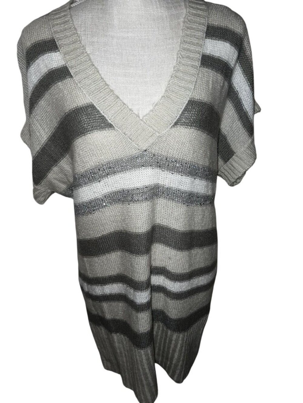 Striped Knit Short-Sleeve Tunic Sweater With V-Neck Beige Gray M&S Size M